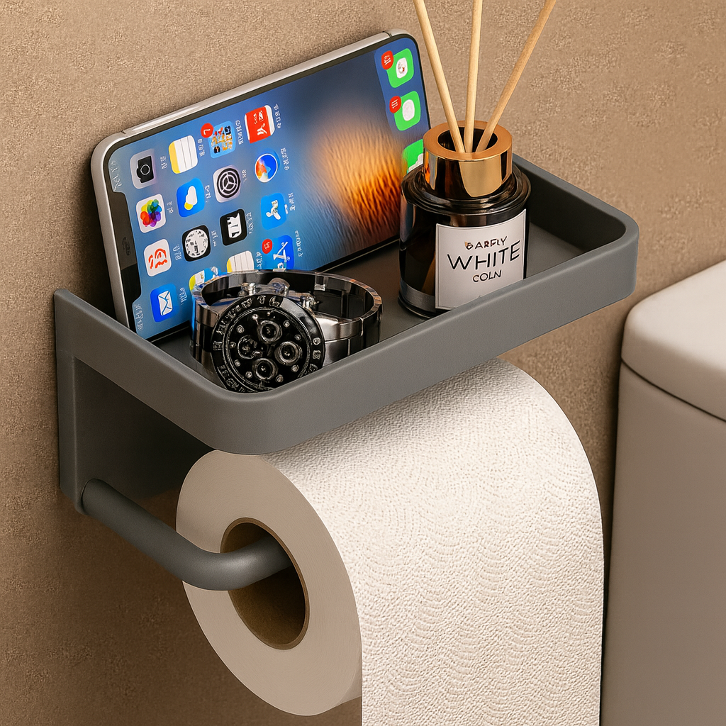 Sleek Space-Saving Holder | Black Toilet Roll Holder with Shelf
