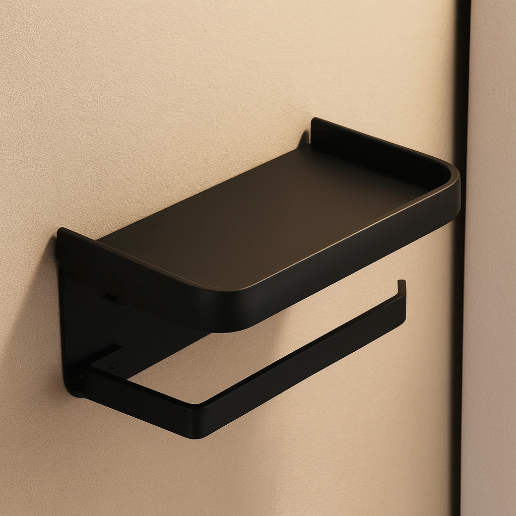 Sleek Space-Saving Holder | Black Toilet Roll Holder with Shelf