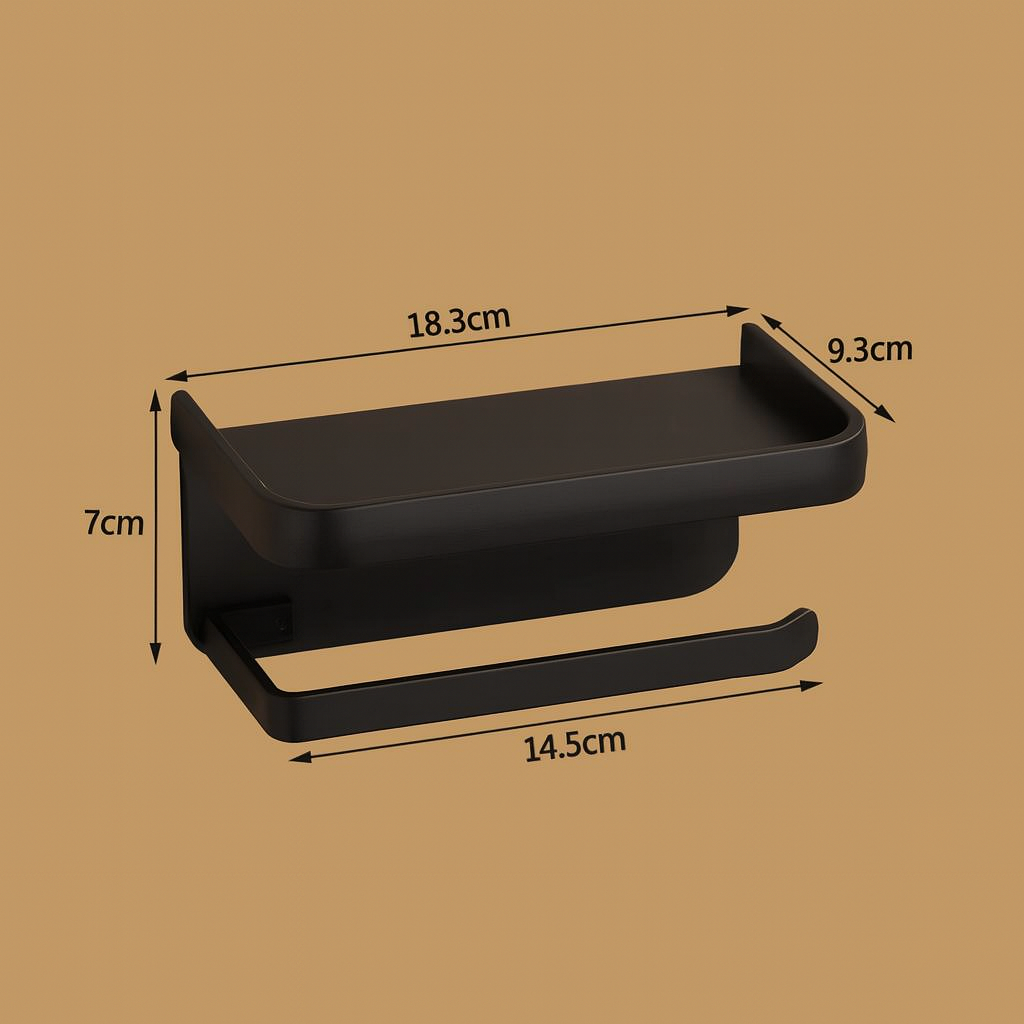 Sleek Space-Saving Holder | Black Toilet Roll Holder with Shelf